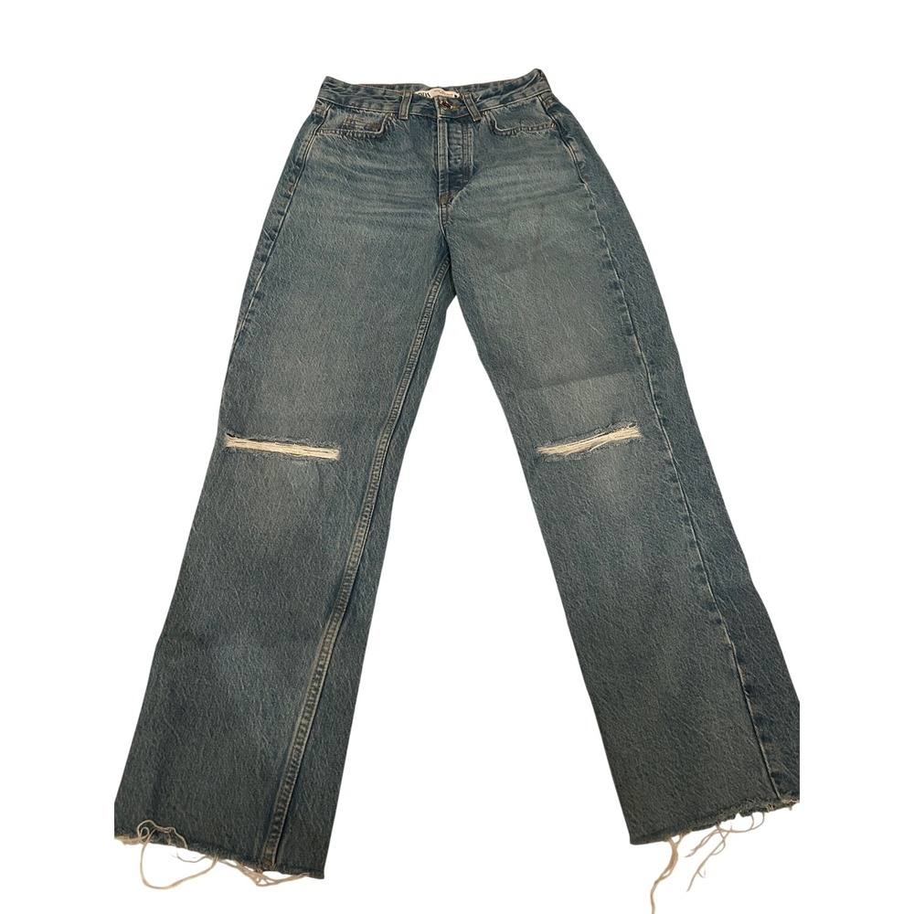 Zara Womens Button Fly Jeans 2 Blue Light Washed Straight Leg Distressed Capsule